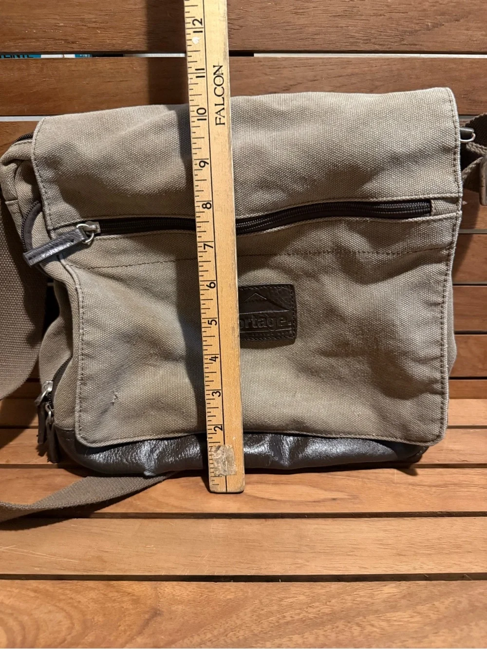 Canvas & Leather Crossbody Messenger Bag - Taupe and Dark Brown